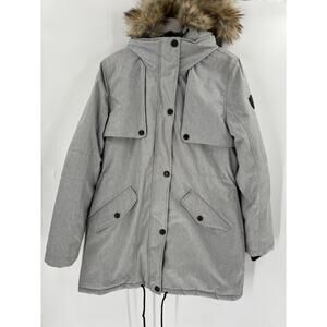 Noize Gray Faux Fur Trim Parka Womens XL Hooded Double Zipper Mid Length Pockets